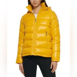 Guess Women’s Yellow High-Shine Hooded Puffer Jacket - Size Medium-NWOT